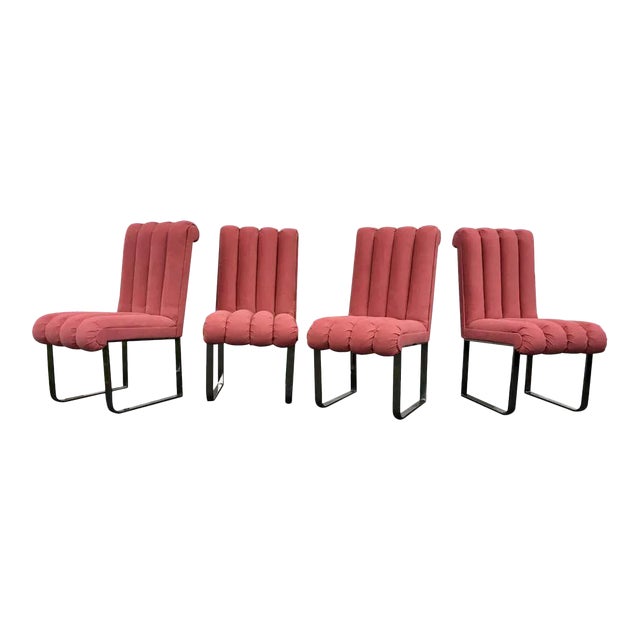 Modern Chrome and Pink Channel Back Dining Chairs, Design Institute America 1980 For Sale