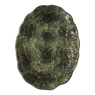 Italy Green Ceramic Italian Leaf Motif Oval Platter - Vietri Foglia Style 1960s For Sale