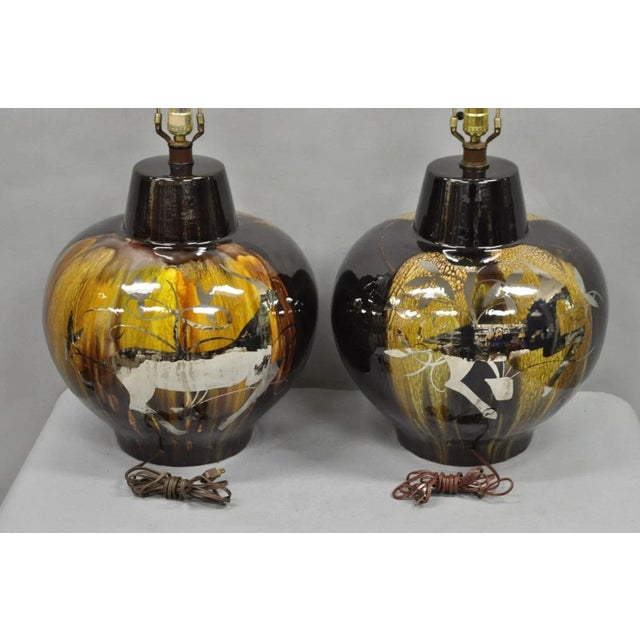 Mid Century Modern Sunset Cosco Ram Brown Drip Glaze Pottery Table Lamps Pair B For Sale - Image 12 of 12