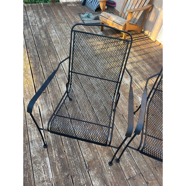 Mid-Century Modern Mid-Century Modern Black Wrought Iron Mesh Patio Lounge Chairs - A Pair For Sale - Image 3 of 4
