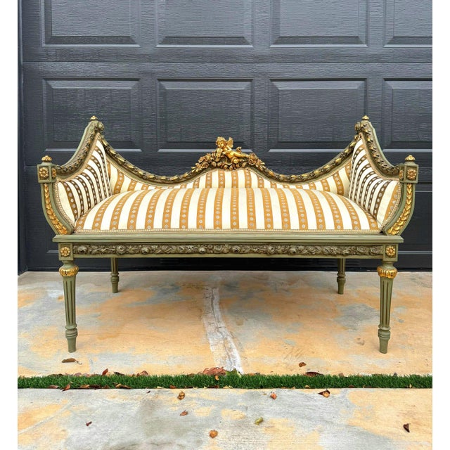 French Style Golden Settee – Damask Upholstery With Gold Leaf Details For Sale - Image 10 of 10
