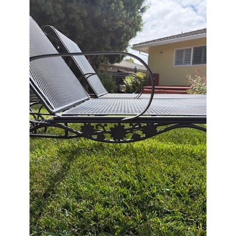 Beautiful matching pair of vintage wrought-iron adjustable chaise lounges, attributed to Russell Woodard, circa 1960s....