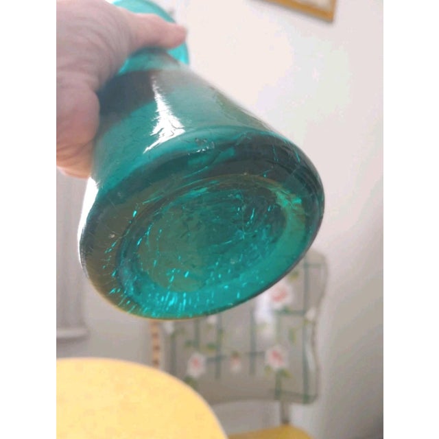 Late 19th Century Antique Blown Aquamarine Crackle Glass Hyacinth Vase For Sale - Image 5 of 6