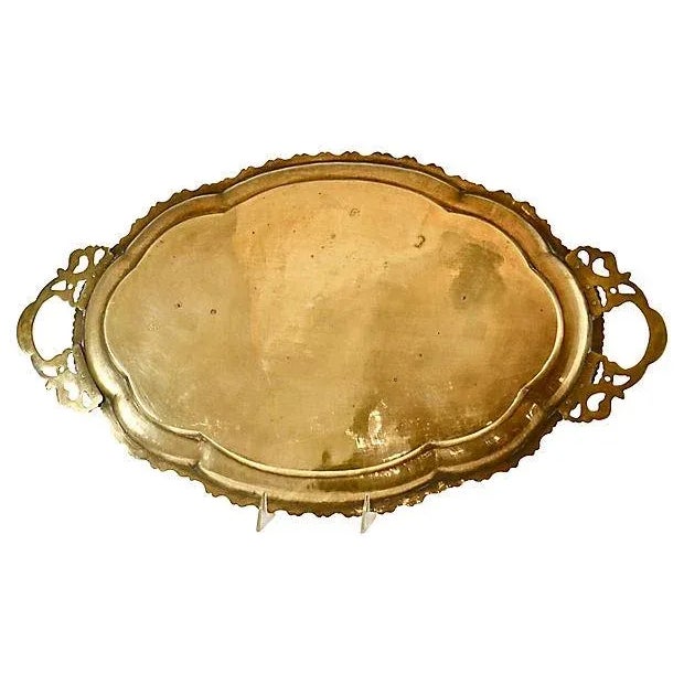Antique Engraved Enameled 23" Oval Brass Tray For Sale In Chicago - Image 6 of 8