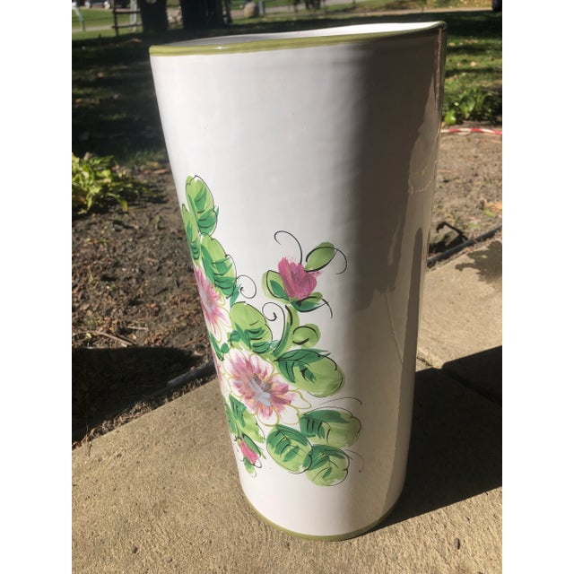 Mid Century Italian hand painted vase or umbrella stand. Signed and numbered on the bottom see photos. Flower colors are...