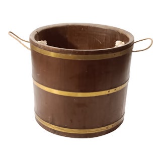 Vintage Wood Barrel Brass Banded With Rope Handles For Sale