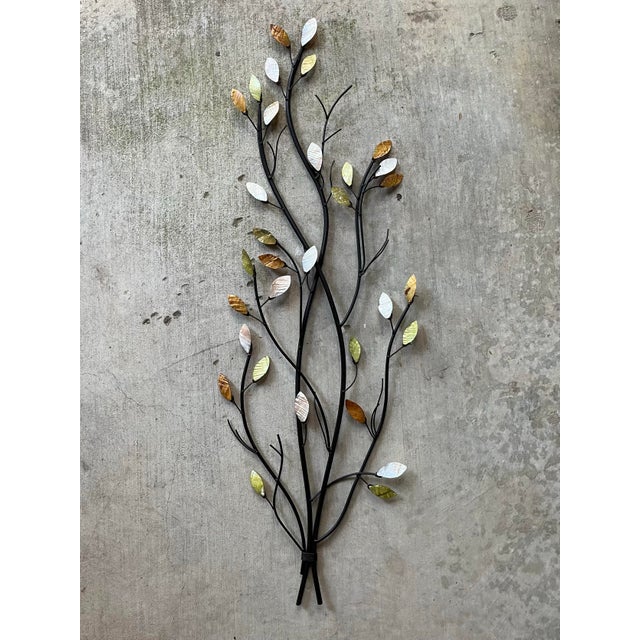 Curtis Jere-Style Wrought Iron Mother of Pearl Leaves Branches Wall Hanging 43” Good condition. One leaf has a small chip....