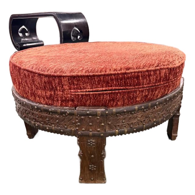 Mid 20th Century Hand-Carved Wooden Footstool / Ottoman With Upholstered Cushion – Rustic Global Style For Sale