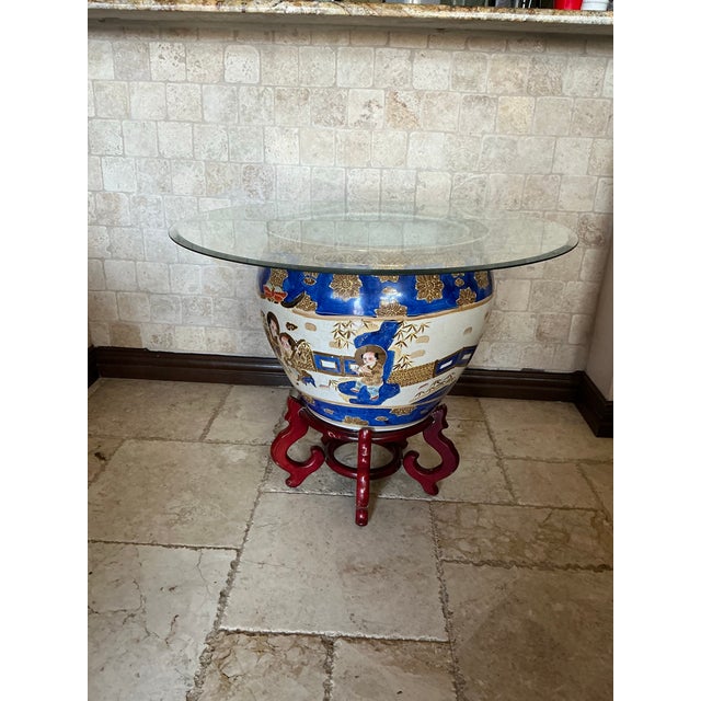 Mid 20th Century Large Hand‑Painted Asian Motif Fishbowl Table With Glass Top & Wood Stand For Sale - Image 9 of 12