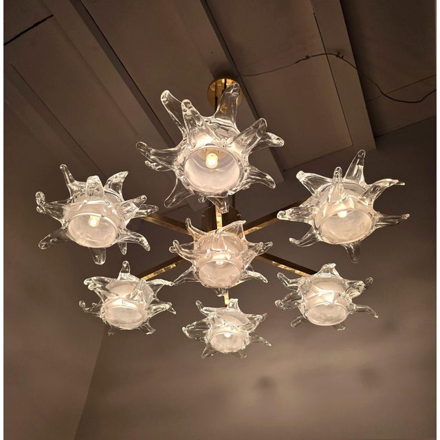 1990s 1990s Mid Century Modern Murano Glass and Brass Chandelier For Sale - Image 5 of 15