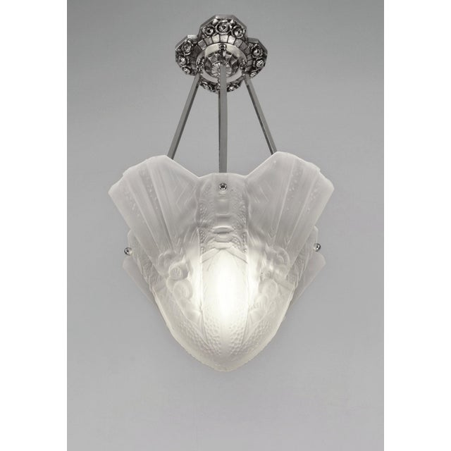 Art Deco Muller Freres French Art Deco Pendant Chandelier Circa 1930 - Frosted Glass & Nickeled Bronze For Sale - Image 3 of 14