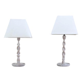 Antique English Limed Oak Table Lamps, 1920s, Set of 2 For Sale