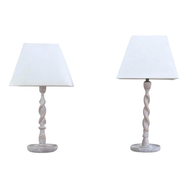 Antique English Limed Oak Table Lamps, 1920s, Set of 2 For Sale