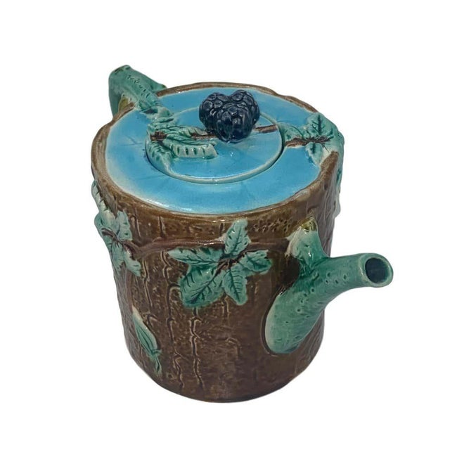 Holdcroft Majolica Blackberry on Tree Trunk Teapot, Turquoise Blue Cover C. 1877 For Sale - Image 6 of 13
