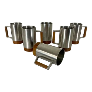 Modernist Pewter and Teak Tankard Set of Six