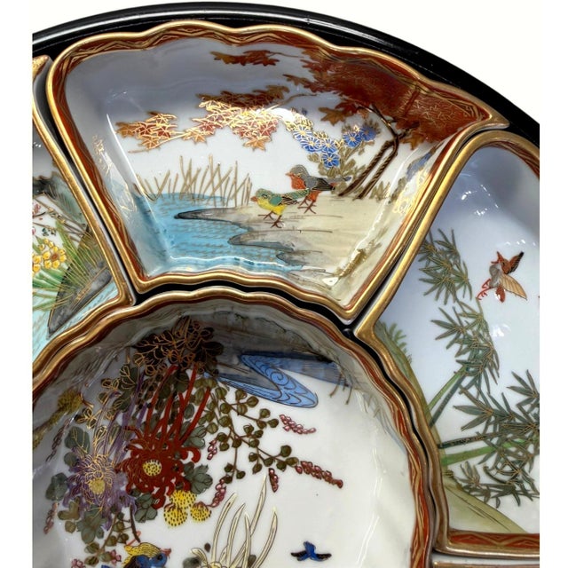 Vintage Japanese Porcelain 7-Pc Lazy Susan Sweet Meat Set Birds Flowers Gold For Sale - Image 9 of 13