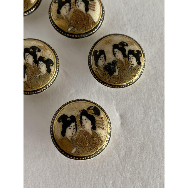 Abstract Expressionism Late Meiji Era Hand Painted Geisha Satsuma Button Set of 5 For Sale - Image 3 of 10