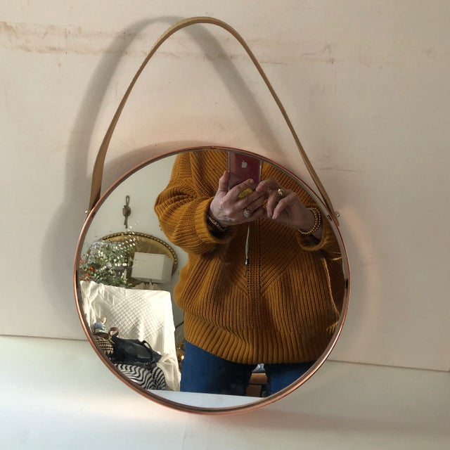 Metal 1980s Copper Oval Mirror With Leather Strap For Sale - Image 7 of 7