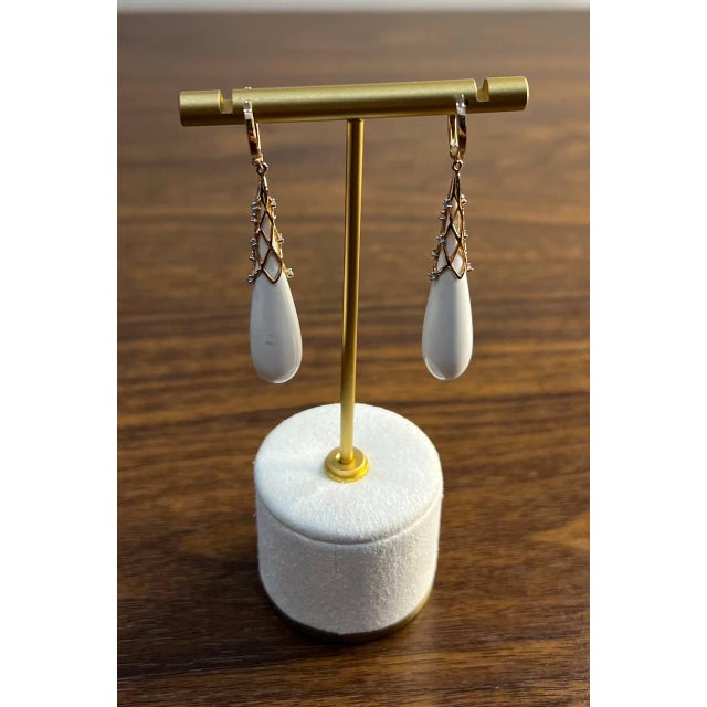Modern White Agate Cabochon White Pave Diamonds 18 Karat Rose Gold Unique Drop Earrings, A Pair For Sale - Image 3 of 9