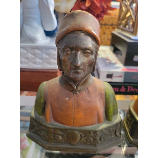 Metal Vintage Dante & Beatrice Pompeian Bronze Colored Bookend Statues- a Pair For Sale - Image 7 of 9