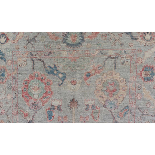 Modern All-Over Floral Oushak With a Light Blue-Gray Background and Multi-Color Rug For Sale - Image 9 of 13