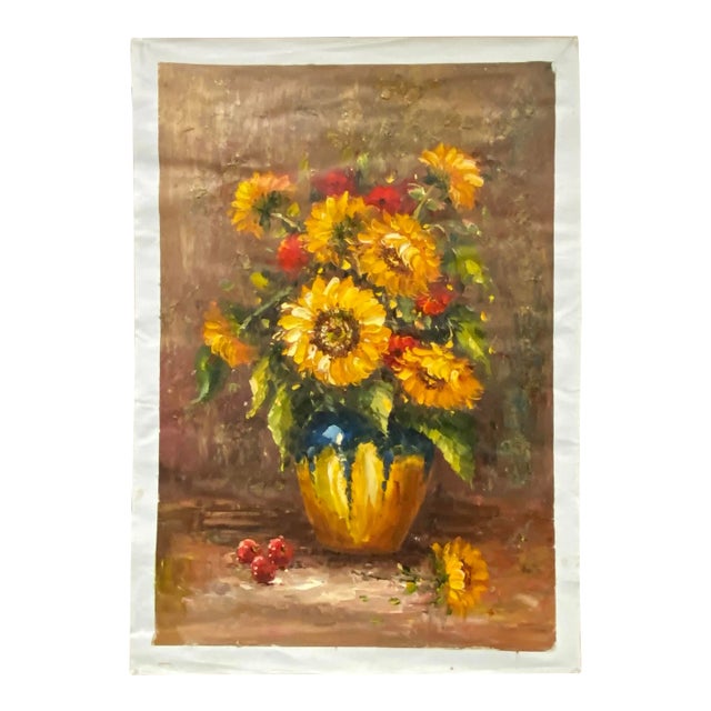 Impasto Oil Paint Canvas Art Sunflowers Yellow Vase Scroll Painting For Sale