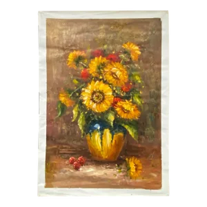 Impasto Oil Paint Canvas Art Sunflowers Yellow Vase Scroll Painting
