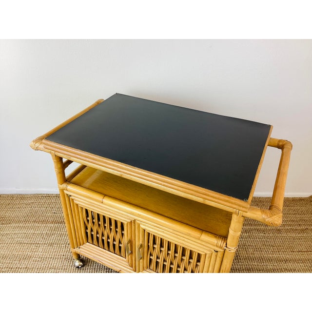 Wood Vintage 1960s Rattan Serving Bar Cart on Wheels For Sale - Image 7 of 10