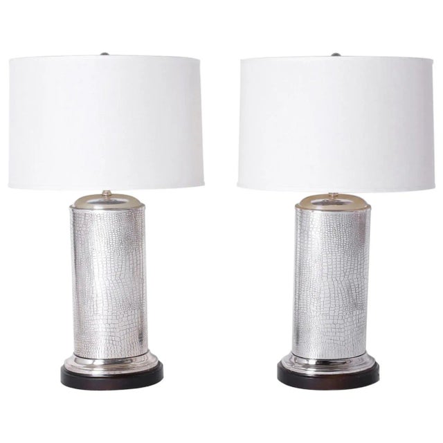Crocodile Embossed Silver Table Lamps - A Pair For Sale In West Palm - Image 6 of 6