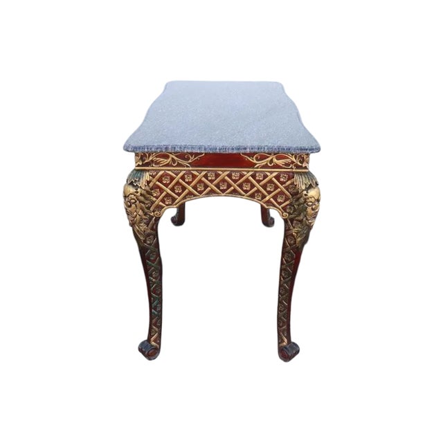 Late 20th Century Italian Painted & Parcel-Gilt Marble Top Console Table With Mythical Mask Carvings, 48.5" For Sale - Image 4 of 6