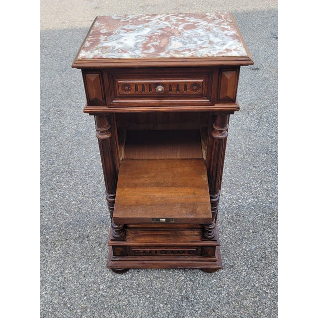19th Century French Antique Walnut Marble Top Bedside Cabinet Nightstand For Sale - Image 10 of 18