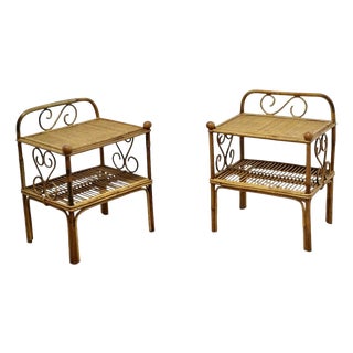 Vintage Rattan and Vienna Straw Bedside Tables, 1960s, Set of 2 For Sale