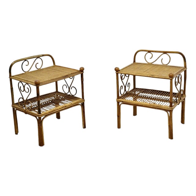 Vintage Rattan and Vienna Straw Bedside Tables, 1960s, Set of 2 For Sale