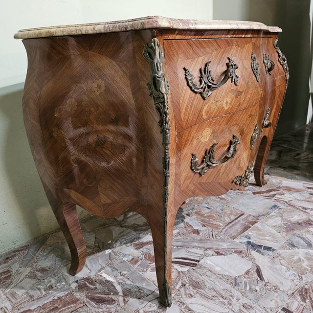 Wood French Inlaid Chest of Drawers with Marble, 1940s For Sale - Image 7 of 9