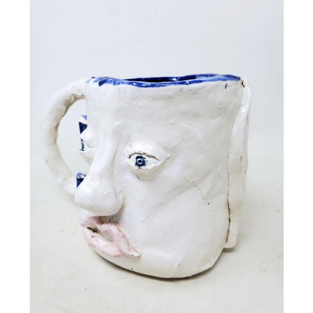 2010s Handcrafted Decorative Mug - Faces on 2 Sides - Blue Eyes and Green Eyes - Ooak For Sale - Image 9 of 18
