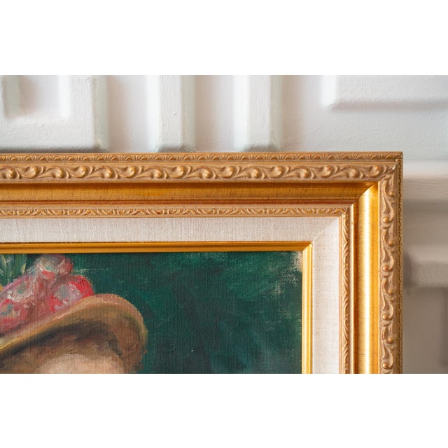 Original oil painting in gilt wood frame of a young woman. The background is a deep emerald with tinge of teal. The frame...