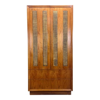 Mid Century Modern Milo Baughman Style Walnut & Cane Armoire / Wardrobe For Sale
