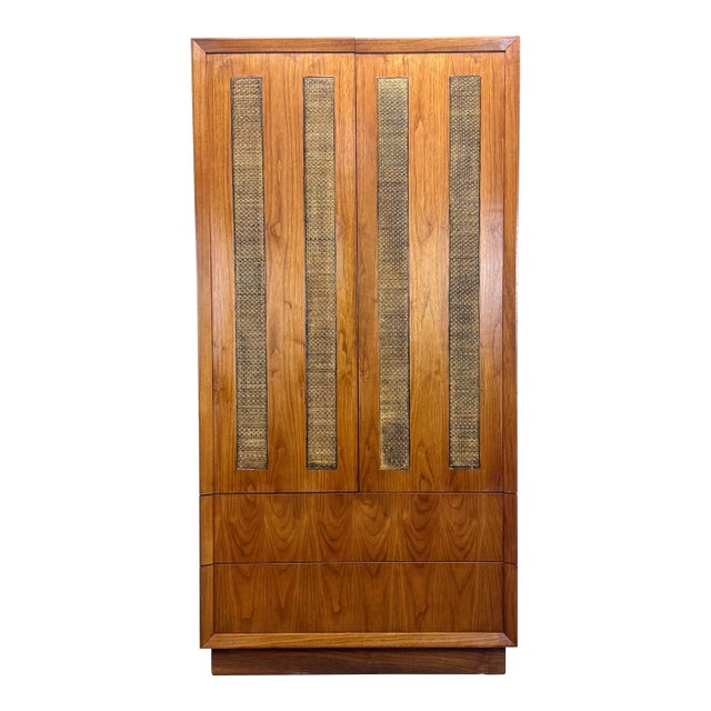 Mid Century Modern Milo Baughman Style Walnut & Cane Armoire / Wardrobe For Sale