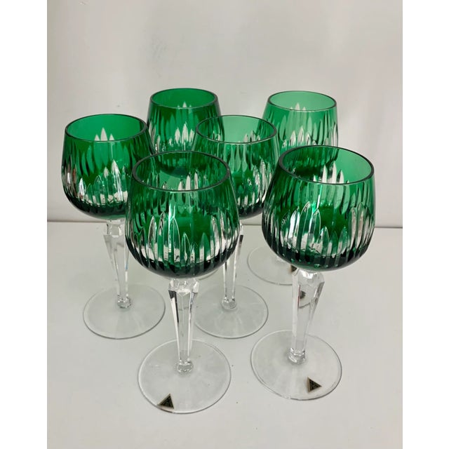 Glass German Green Hand Cut Crystal Wine Goblets / Glasses - Set of 6 For Sale - Image 7 of 7