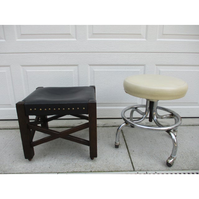 Mission Arts & Crafts Style Black Leather Footstool on Wooden Casters For Sale - Image 11 of 11