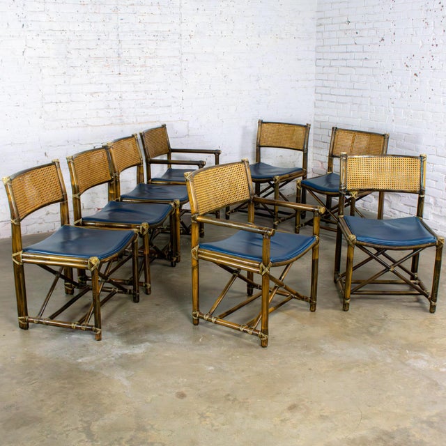 McGuire Late 20th Century Campaign Style Set of 8 Dining Chairs by McGuire Rattan Cane & Navy Leather For Sale - Image 4 of 18