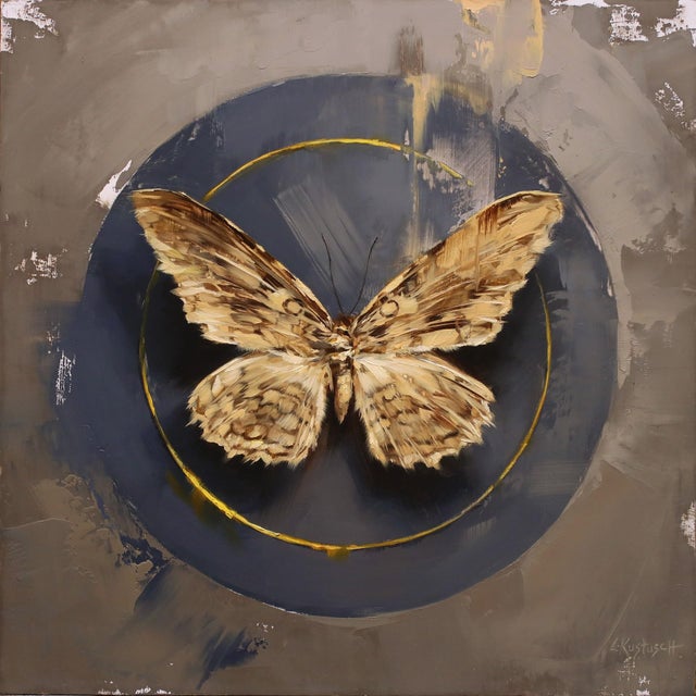 The White Witch Moth by Lindsey Kustusch | Oil on wood panel Painting of a moth on a gray background For Sale