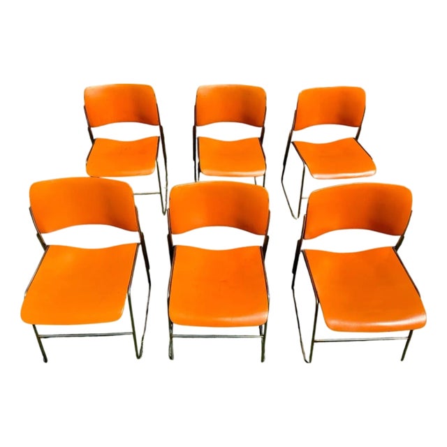 Set of 6 David Rowland 40/4 Chairs Orange Metal Seat Mid Century Stack Chairs Steel Frame For Sale