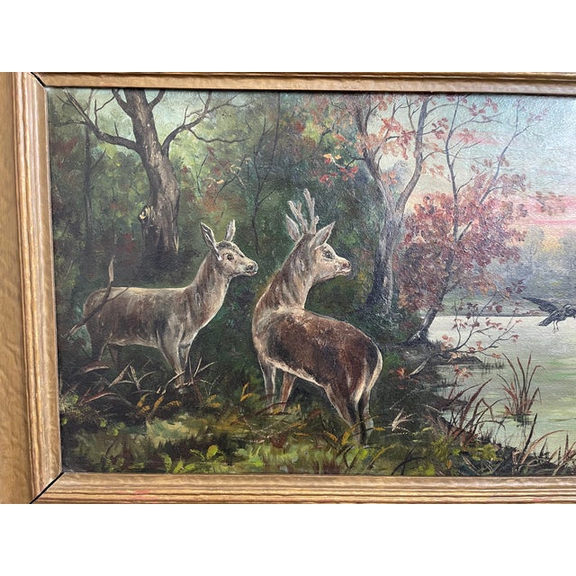 Realism Early 19th Century Lake & Woods Landscape Oil Painting With Deer and Birds For Sale - Image 3 of 12