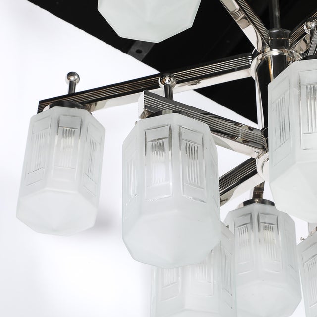Early 20th Century Art Deco Style 10 Arm Frosted & Etched Glass Chandelier W/ Polished Nickel Frame For Sale - Image 5 of 18