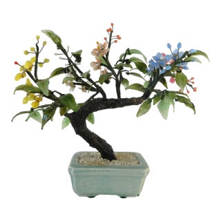 Mid Century Chinese Asian Jade Colorful Bonsai Tree in Celadon Pot For Sale