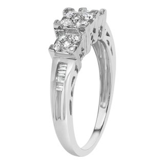 10K White Gold 1/2 Cttw Brilliant & Baguette Cut Diamond 3 Stone Design with 3 Square Clusters Engagement Ring (H-I Color, SI2-I1 Clarity) Size 6.75 For Sale