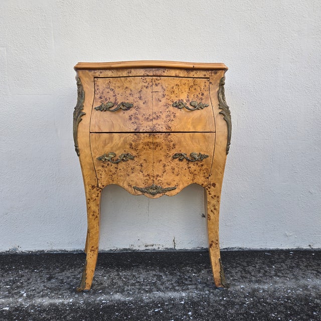 Vintage Birdseye Maple Veneer Bombe Two Drawer Chest of Drawers, Pair For Sale - Image 4 of 18