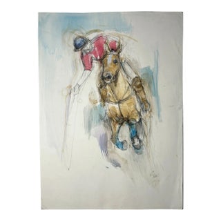 Vintage Abstract Horse Painting Contemporary "Study of a Polo Pony" Mixed Medium Watercolor on Paper, 1990s For Sale