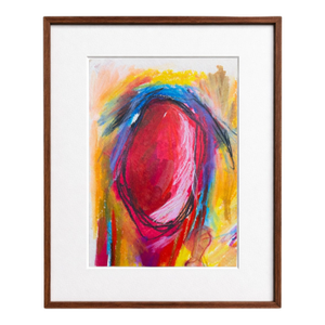 Mid 20th Century “The Joyful Tomato” – Whimsical Expressive Crayon Drawing in Walnut Frame